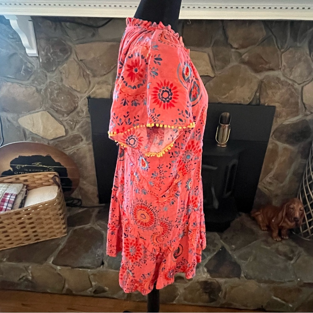 THML Sz M Mini Dress Linen-like Orange Printed Floral Tiered Blousy Sleeve Boho - Picture 6 of 8